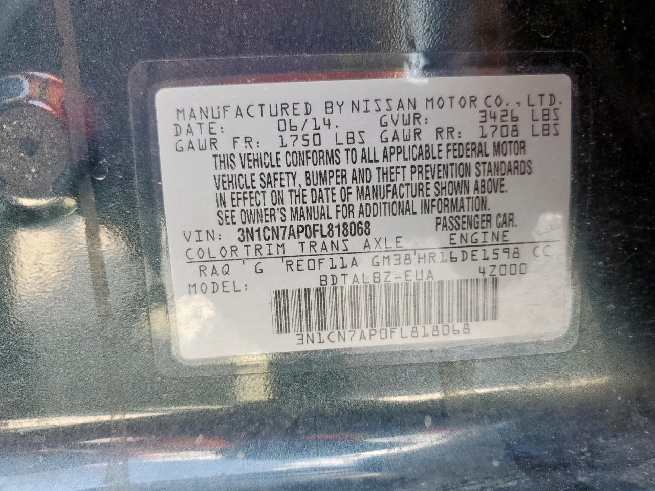 2015 Nissan Versa S VIN: 3N1CN7AP0FL818068 Lot: 81149585