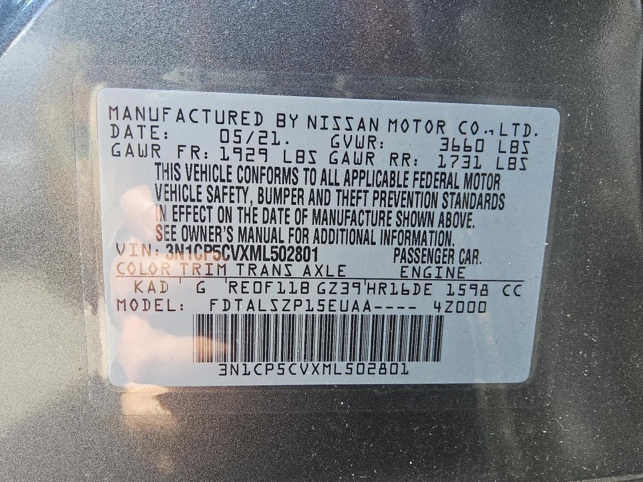 2021 Nissan Kicks Sv VIN: 3N1CP5CVXML502801 Lot: 70636735