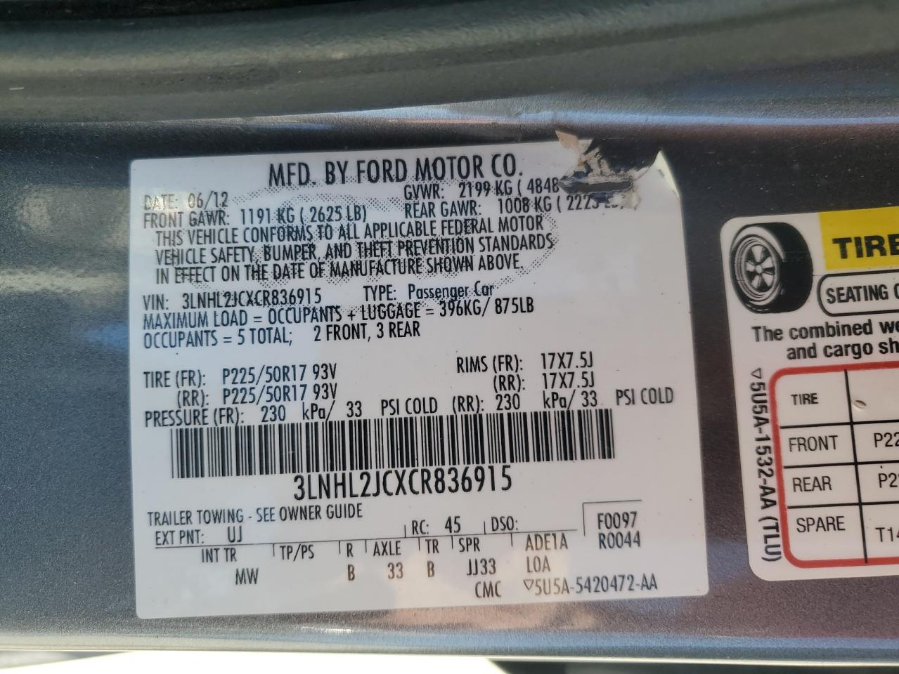 2012 Lincoln Mkz VIN: 3LNHL2JCXCR836915 Lot: 80197055