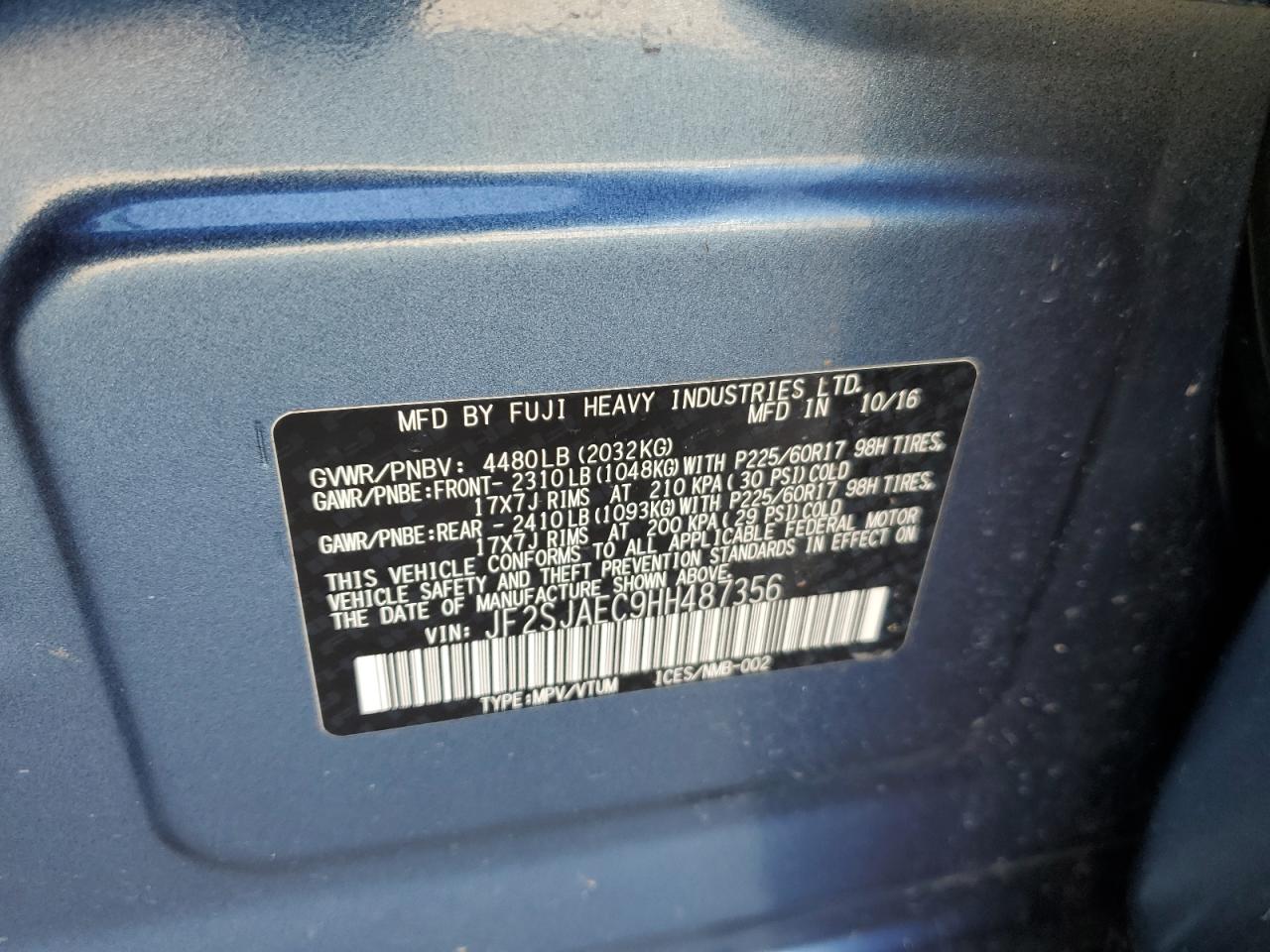 2017 Subaru Forester 2.5I Premium VIN: JF2SJAEC9HH487356 Lot: 71638705