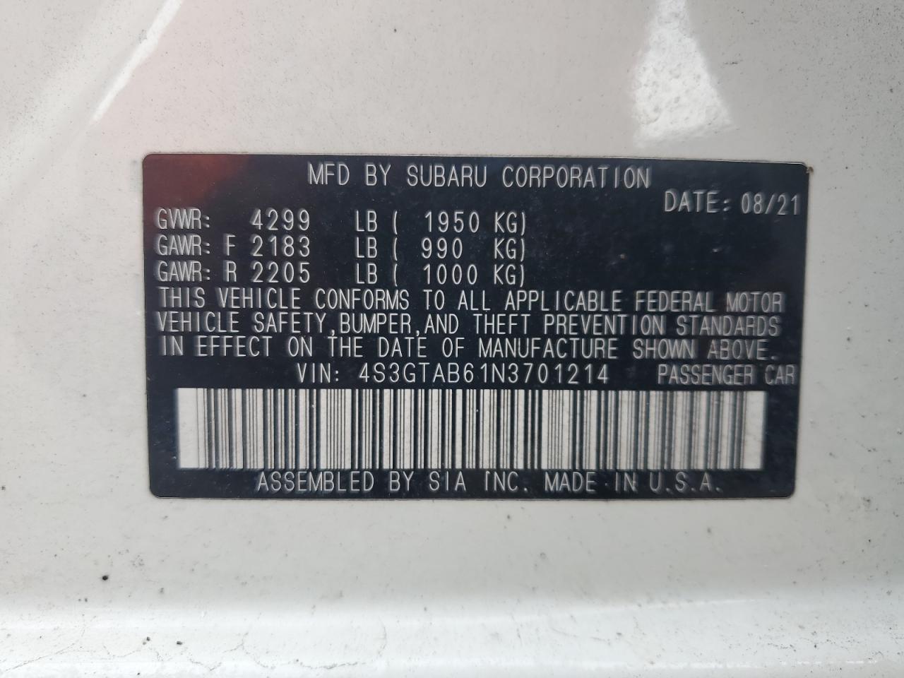 2022 Subaru Impreza VIN: 4S3GTAB61N3701214 Lot: 81153515