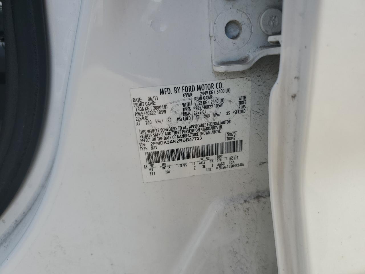 2011 Ford Edge Sport VIN: 2FMDK3AK2BBB47723 Lot: 81763575