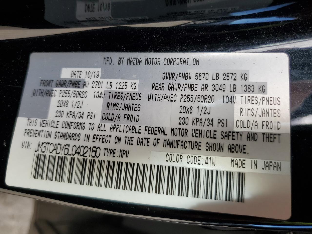 2020 Mazda Cx-9 Grand Touring VIN: JM3TCADY6L0402160 Lot: 84389315