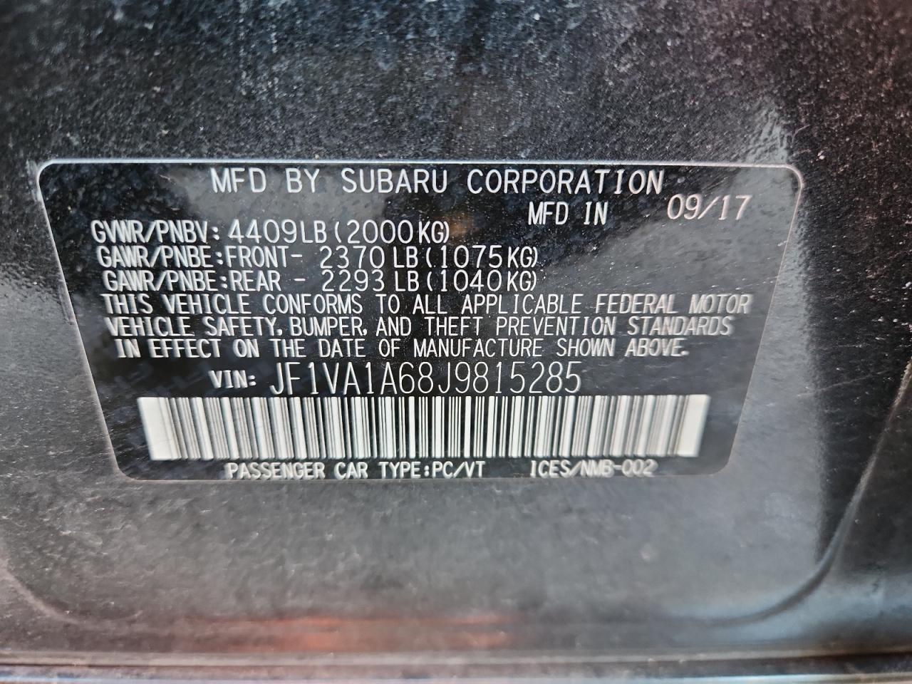 2018 Subaru Wrx VIN: JF1VA1A68J9815285 Lot: 80058365