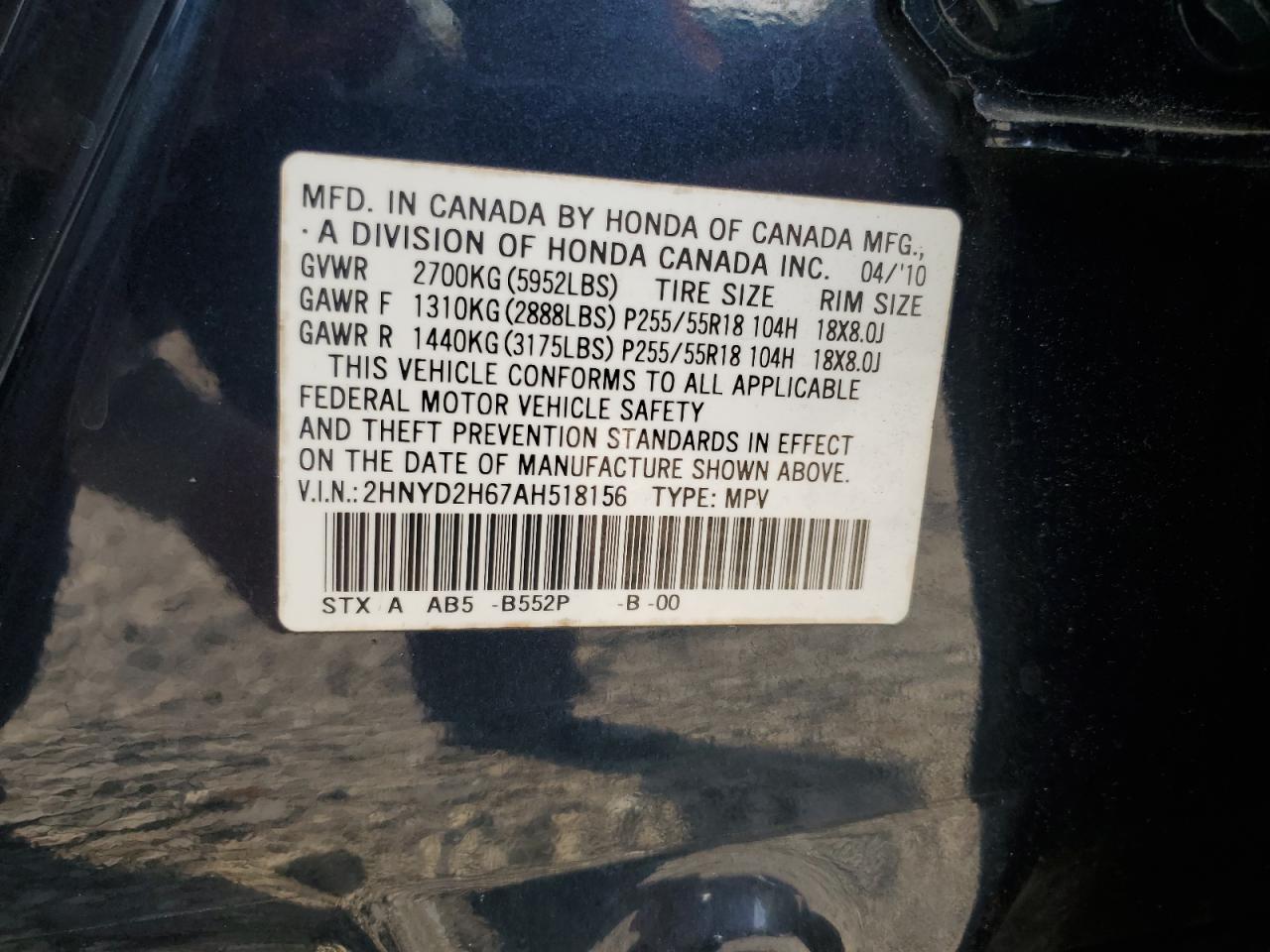 2010 Acura Mdx Technology VIN: 2HNYD2H67AH518156 Lot: 82051265