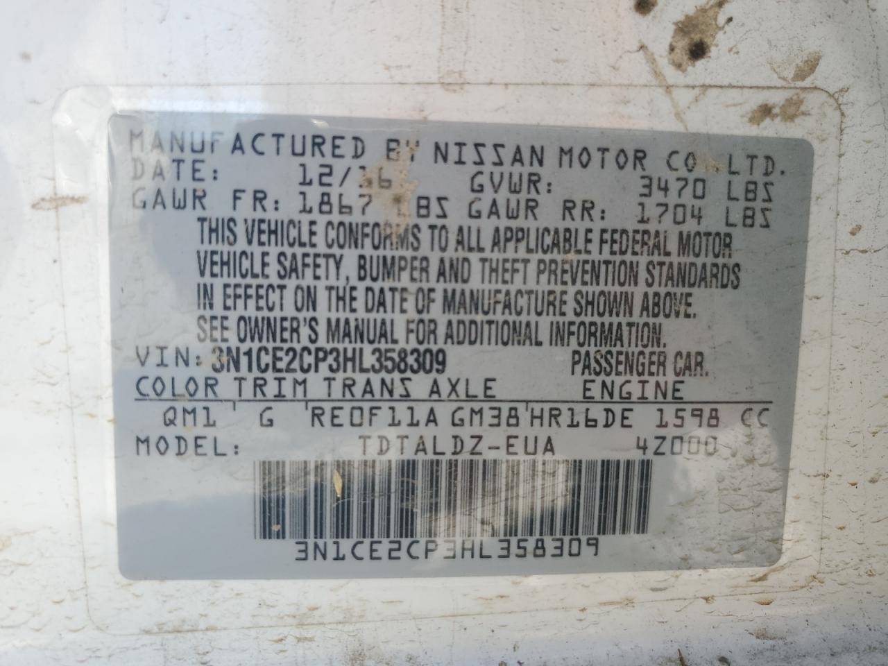 2017 Nissan Versa Note S VIN: 3N1CE2CP3HL358309 Lot: 81553175