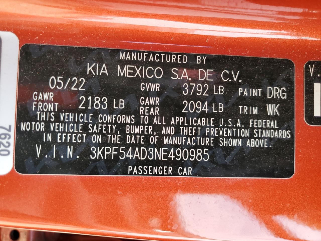 2022 Kia Forte Gt Line VIN: 3KPF54AD3NE490985 Lot: 72103745