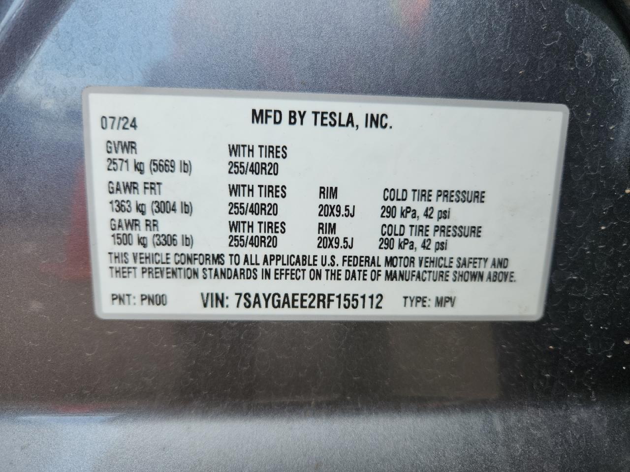 2024 Tesla Model Y VIN: 7SAYGAEE2RF155112 Lot: 71878845