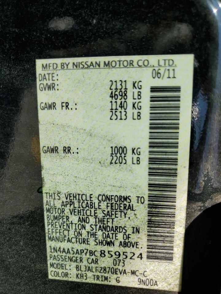 2011 Nissan Maxima S VIN: 1N4AA5AP7BC859524 Lot: 81554875