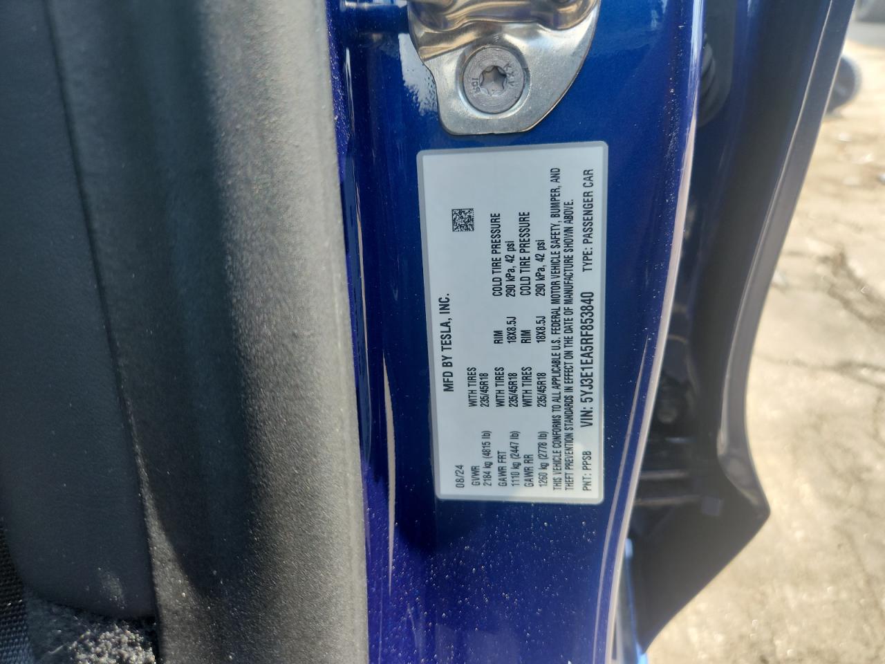 2024 Tesla Model 3 VIN: 5YJ3E1EA5RF853840 Lot: 71809595