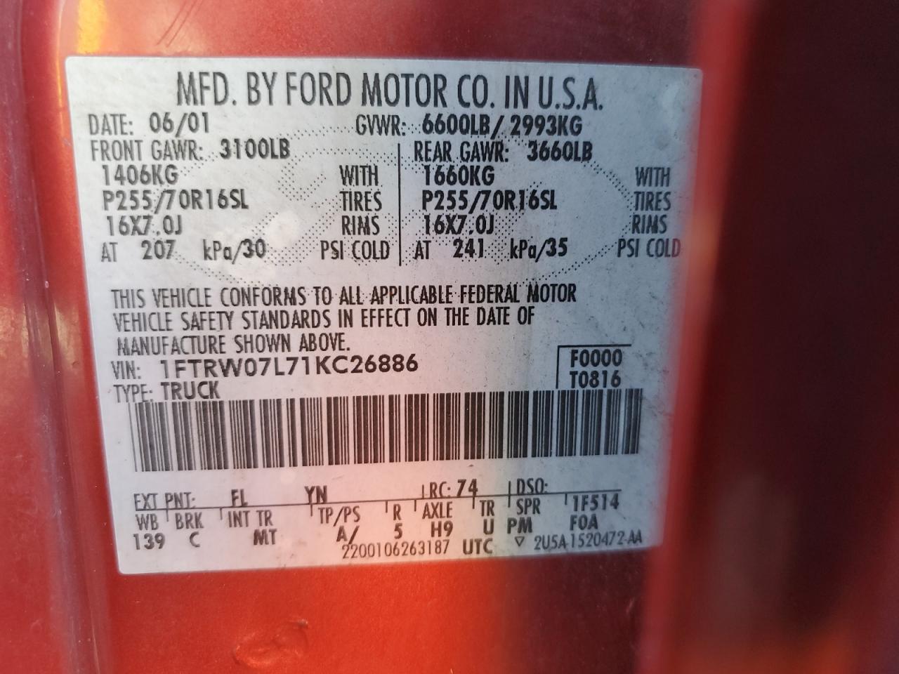 2001 Ford F150 Supercrew VIN: 1FTRW07L71KC26886 Lot: 81130135