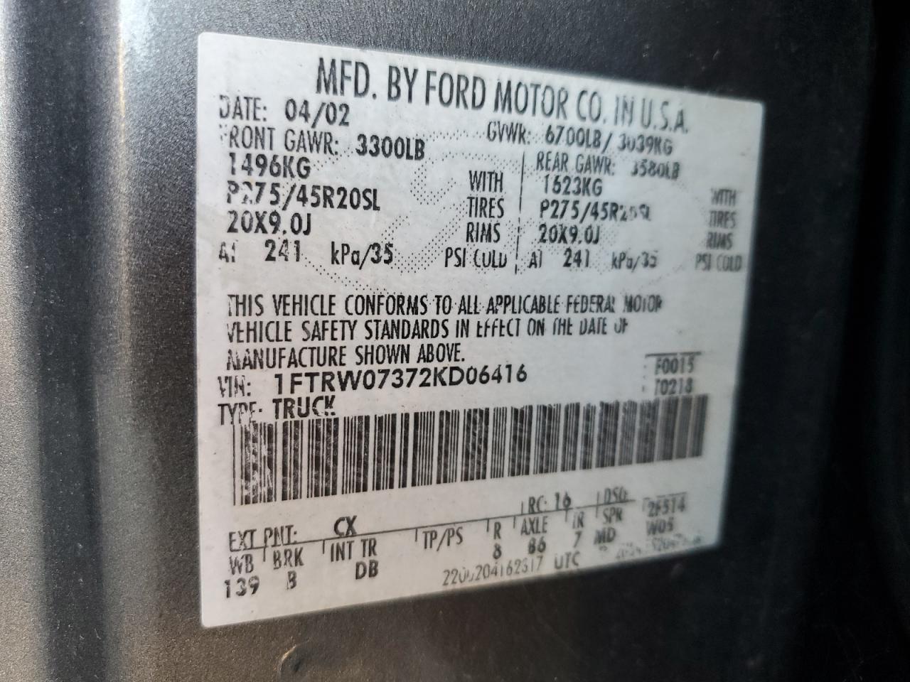 2002 Ford F150 Supercrew Harley Davidson VIN: 1FTRW07372KD06416 Lot: 71932575