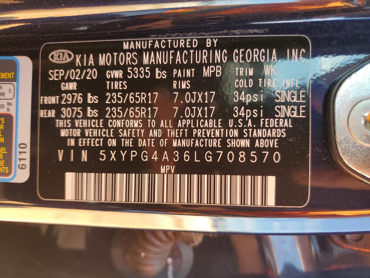 2020 Kia Sorento L VIN: 5XYPG4A36LG708570 Lot: 80859395