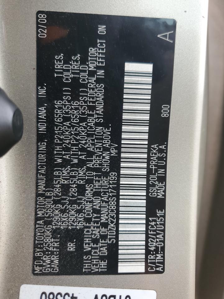 2008 Toyota Sienna Ce VIN: 5TDZK23C88S171199 Lot: 81773125