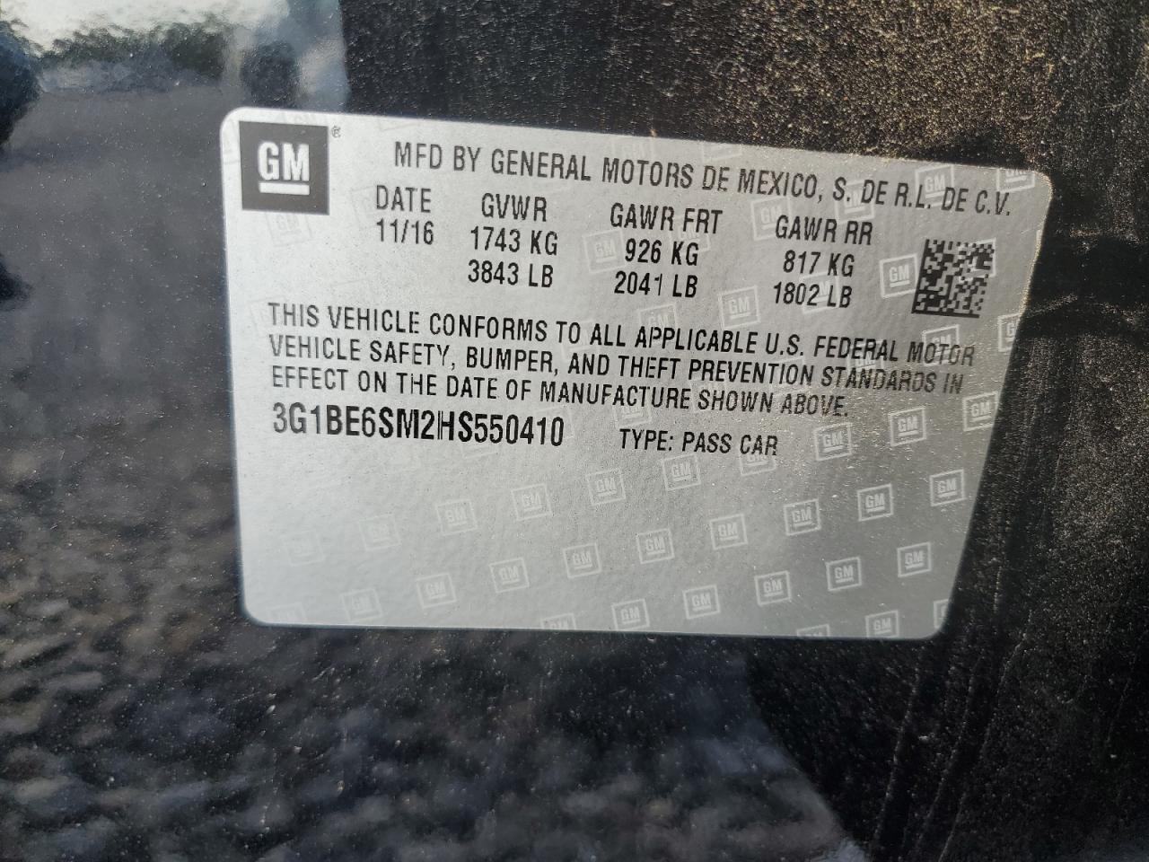 2017 Chevrolet Cruze Lt VIN: 3G1BE6SM2HS550410 Lot: 84227235