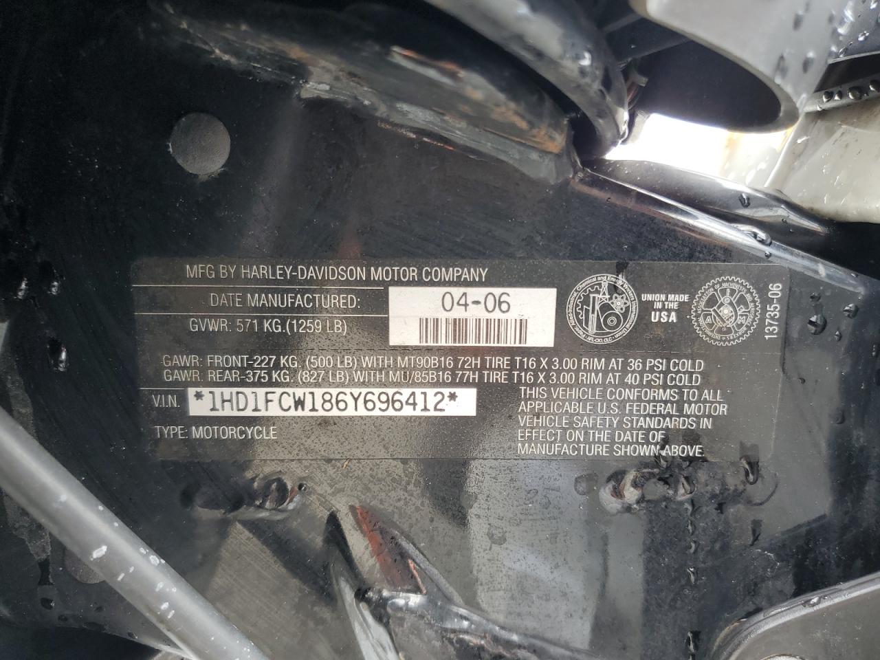 2006 Harley-Davidson Flhtcui VIN: 1HD1FCW186Y696412 Lot: 84582185