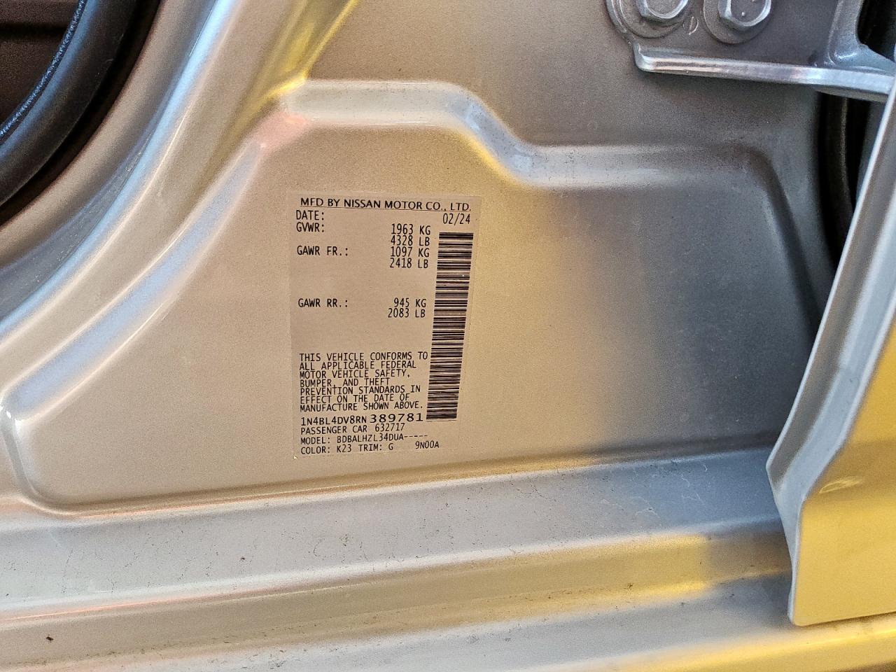 2024 Nissan Altima Sv VIN: 1N4BL4DV8RN389781 Lot: 81225955