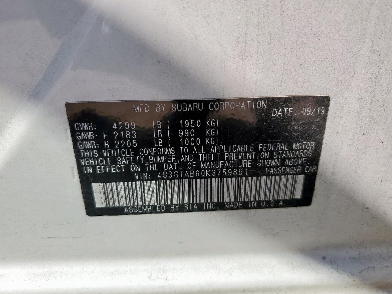 2019 Subaru Impreza VIN: 4S3GTAB60K3759861 Lot: 80272905