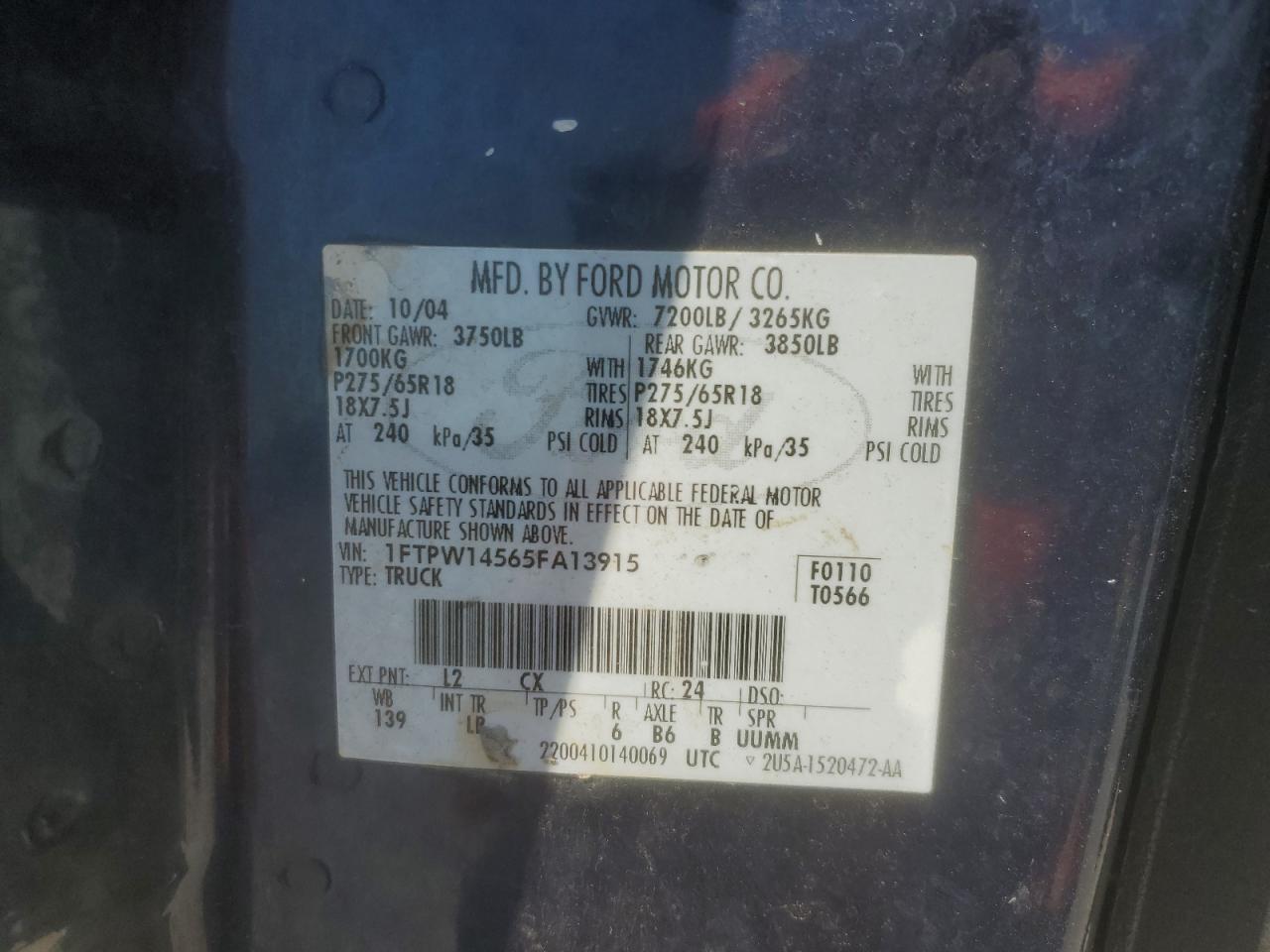 2005 Ford F150 Supercrew VIN: 1FTPW14565FA13915 Lot: 80113065