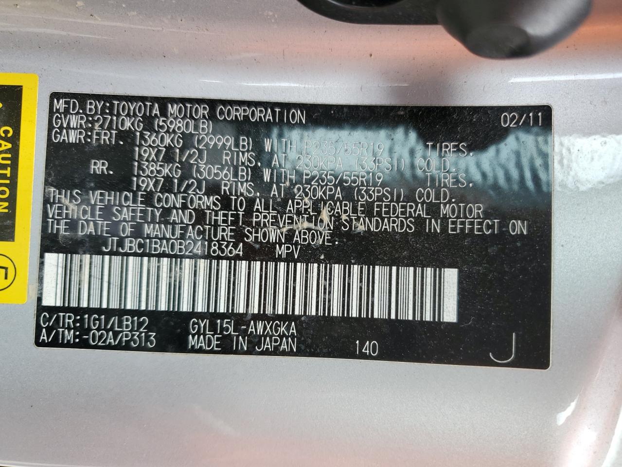 2011 Lexus Rx 450H VIN: JTJBC1BA0B2418364 Lot: 71792495