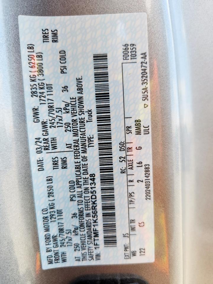 2024 Ford F150 Xl VIN: 1FTMF1K56RKD51348 Lot: 81235525