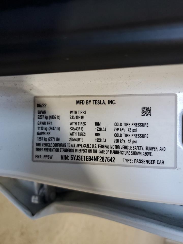 2022 Tesla Model 3 VIN: 5YJ3E1EB4NF287642 Lot: 81397715