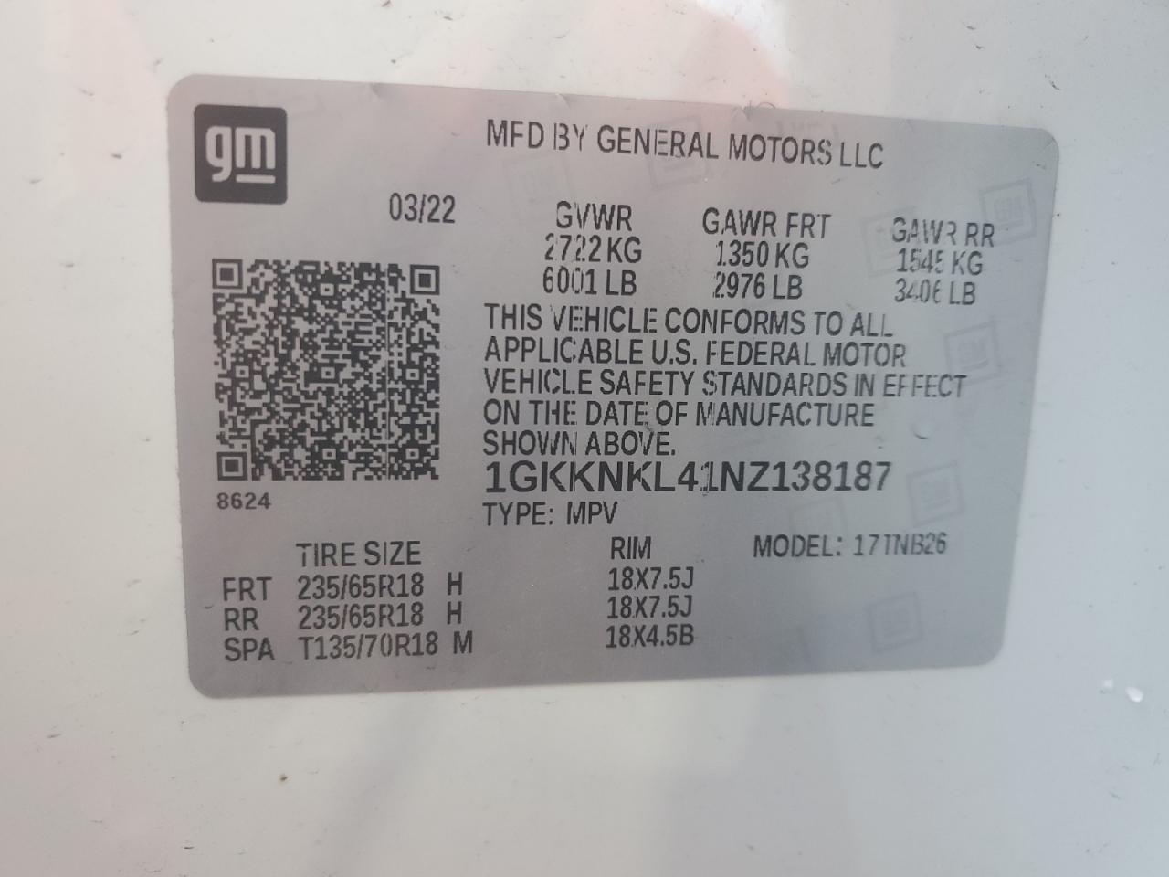 2022 GMC Acadia Sle VIN: 1GKKNKL41NZ138187 Lot: 83960435