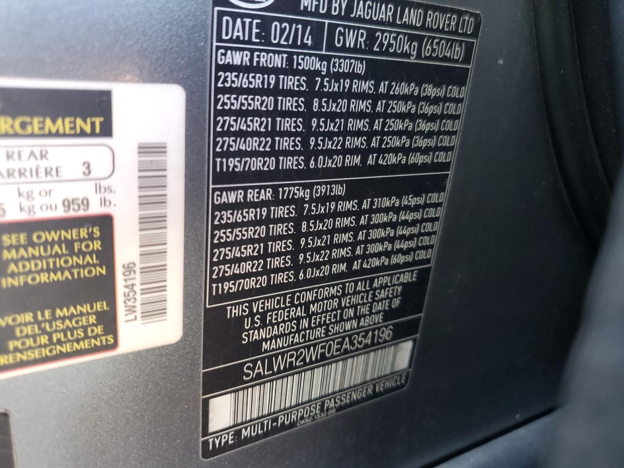 2014 Land Rover Range Rover Sport Hse VIN: SALWR2WF0EA354196 Lot: 81344985
