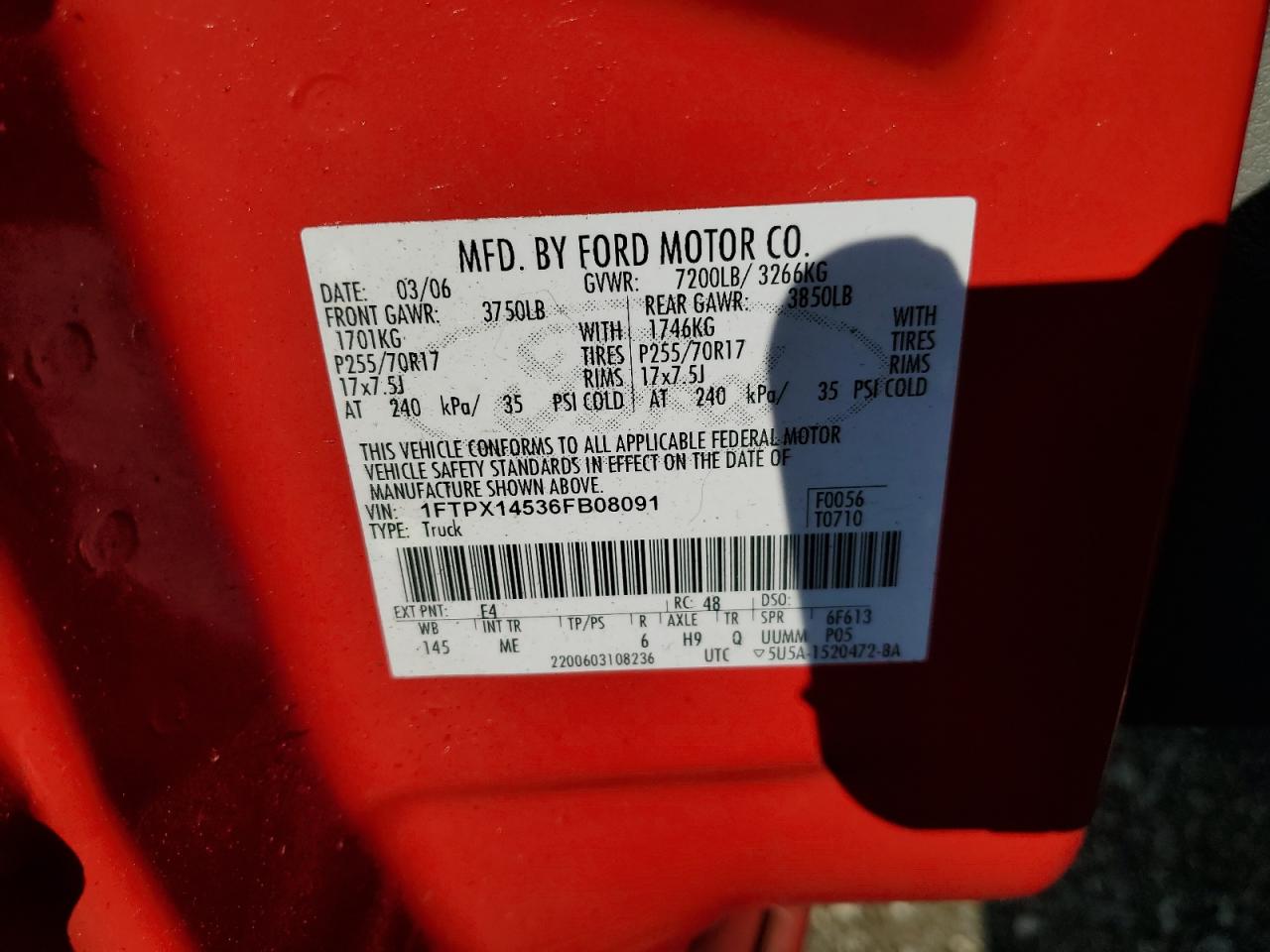 2006 Ford F150 VIN: 1FTPX14536FB08091 Lot: 81158645