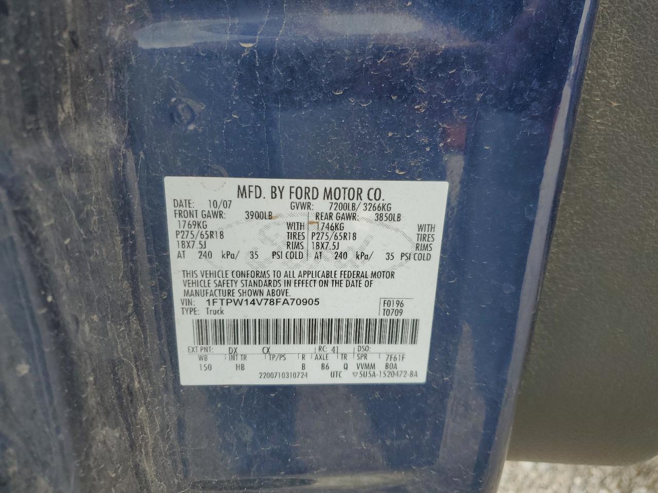2008 Ford F150 Supercrew VIN: 1FTPW14V78FA70905 Lot: 70558475