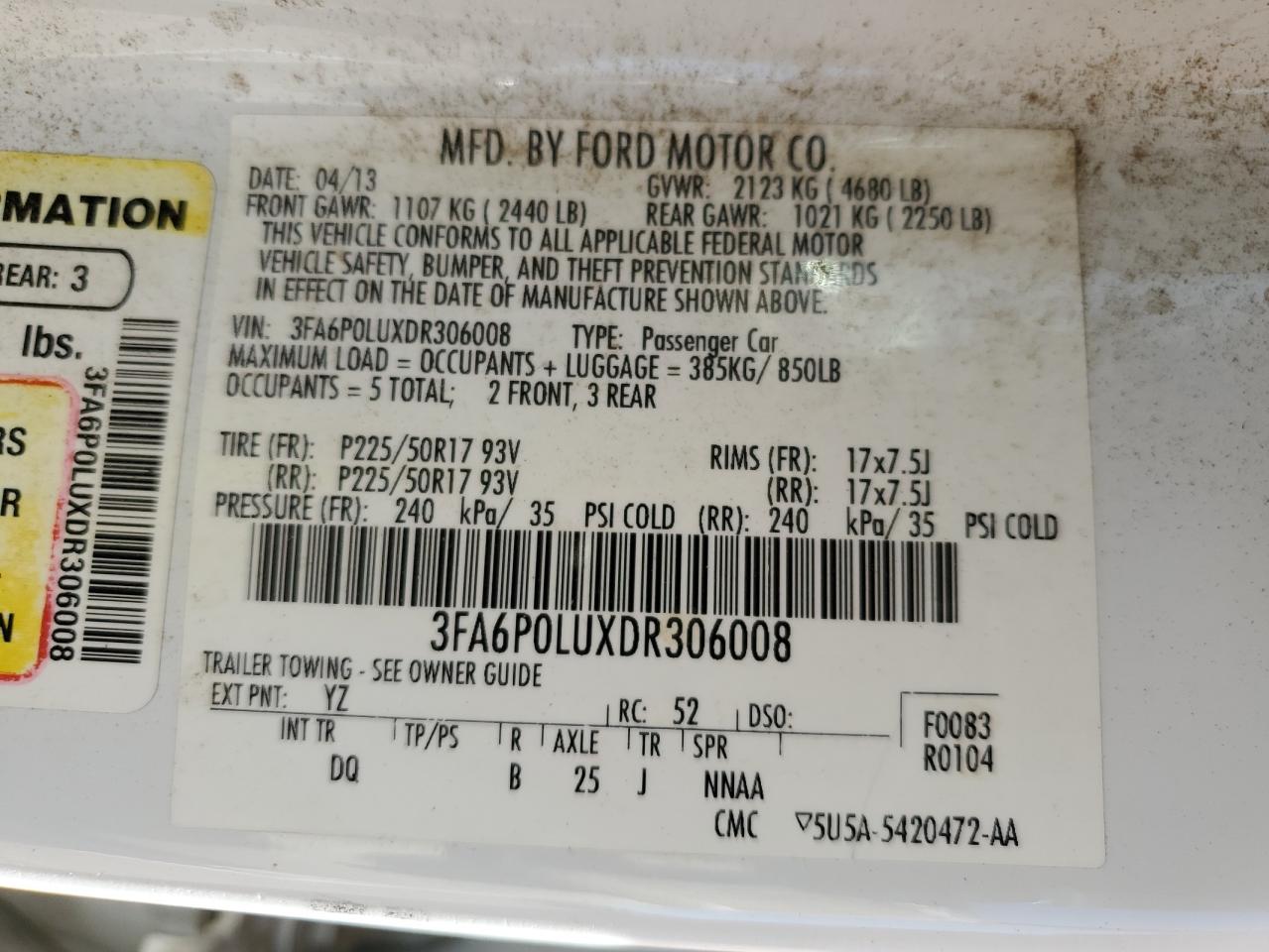 2013 Ford Fusion Se Hybrid VIN: 3FA6P0LUXDR306008 Lot: 81835675