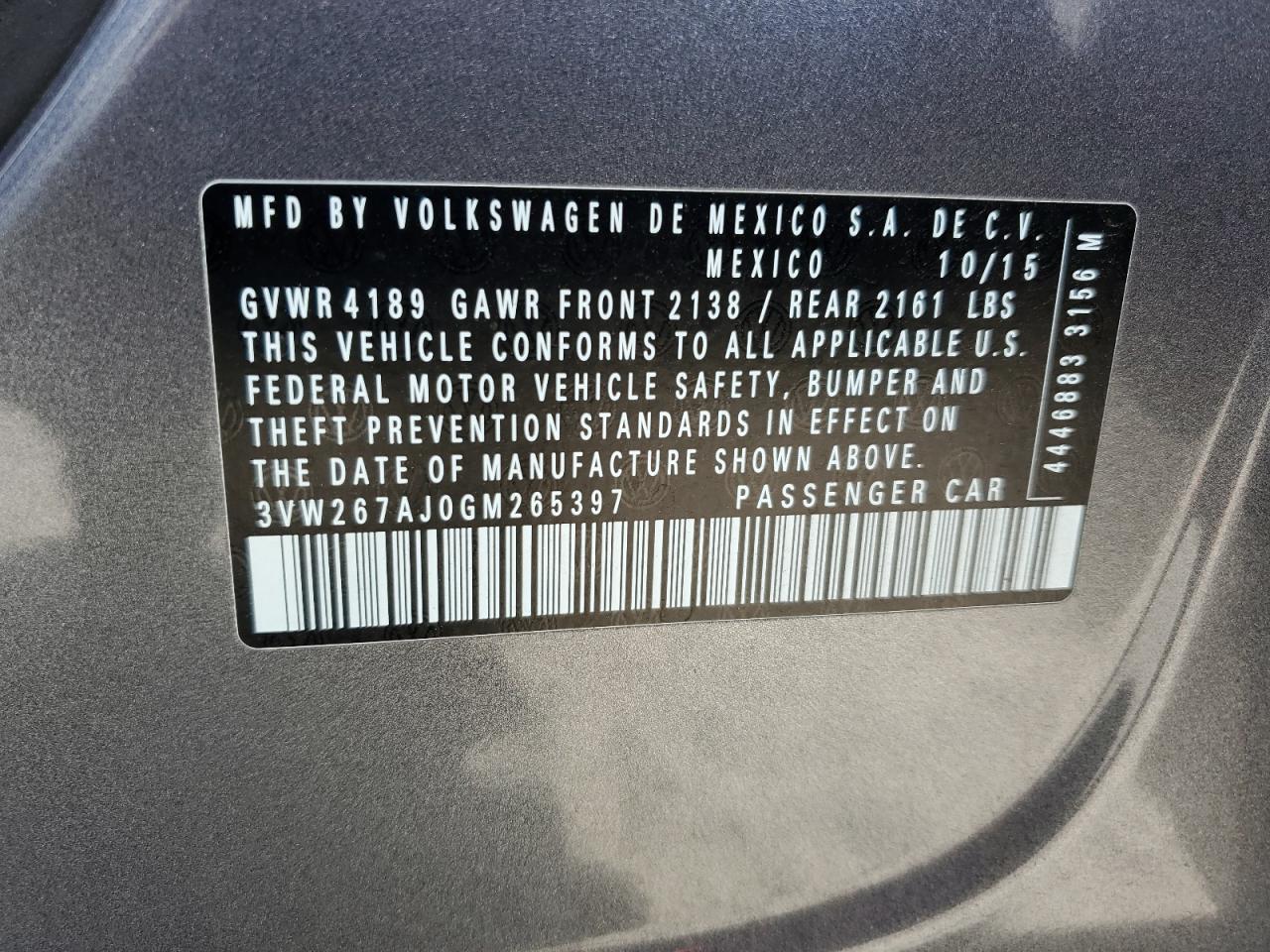 2016 Volkswagen Jetta S VIN: 3VW267AJ0GM265397 Lot: 71659895