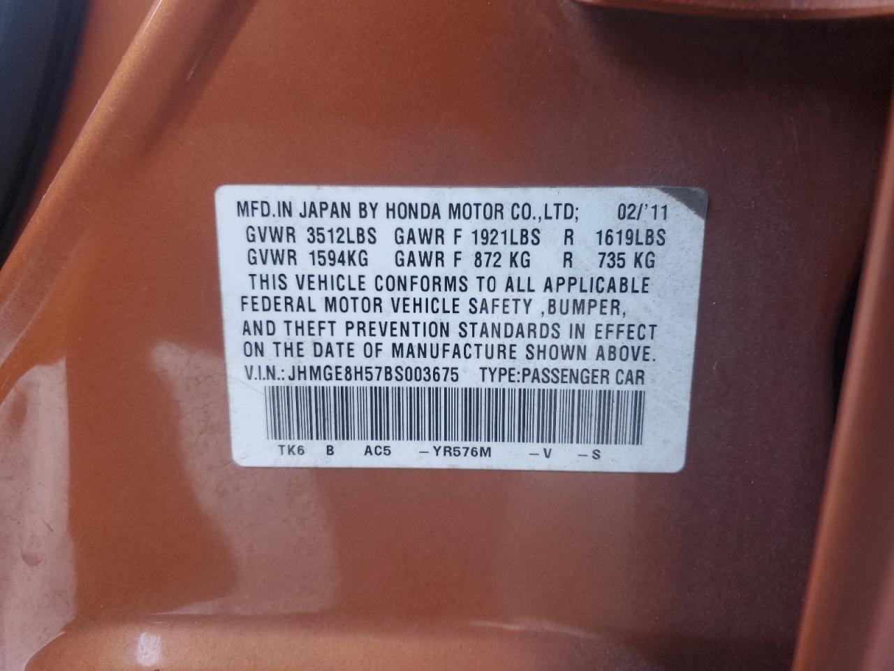2011 Honda Fit Sport VIN: JHMGE8H57BS003675 Lot: 71648875