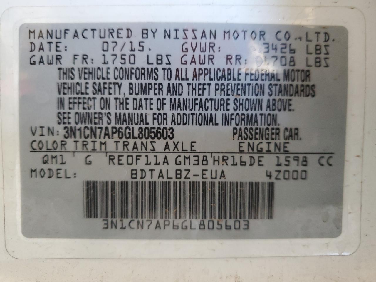 2016 Nissan Versa S VIN: 3N1CN7AP6GL805603 Lot: 82166485