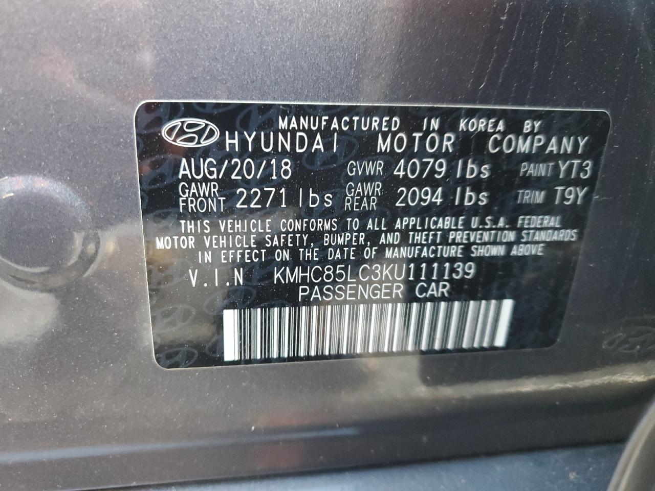 2019 Hyundai Ioniq Limited VIN: KMHC85LC3KU111139 Lot: 81516025