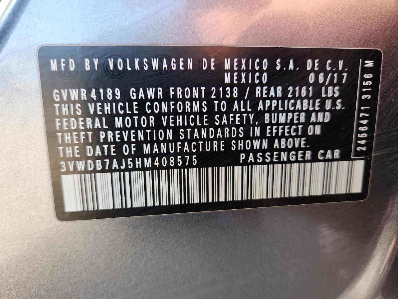 2017 Volkswagen Jetta Se VIN: 3VWDB7AJ5HM408575 Lot: 80066045