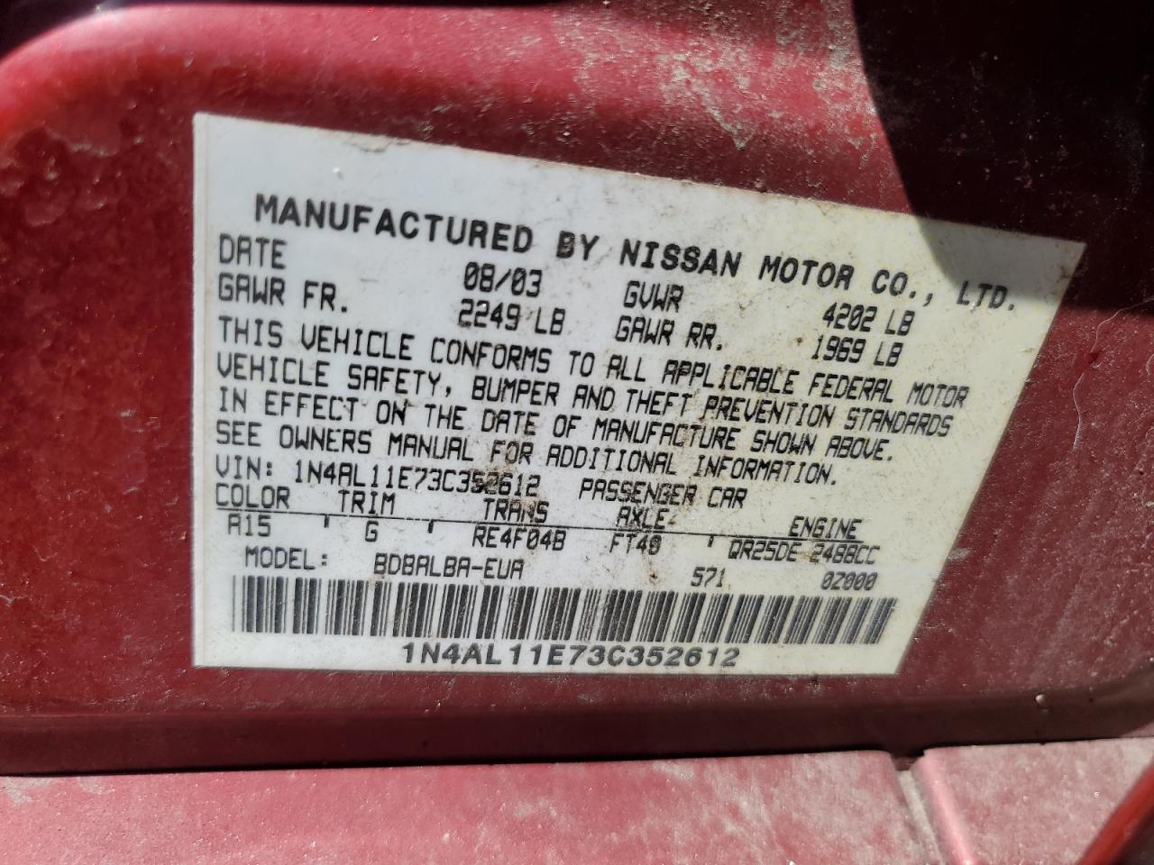 2003 Nissan Altima Base VIN: 1N4AL11E73C352612 Lot: 70292495