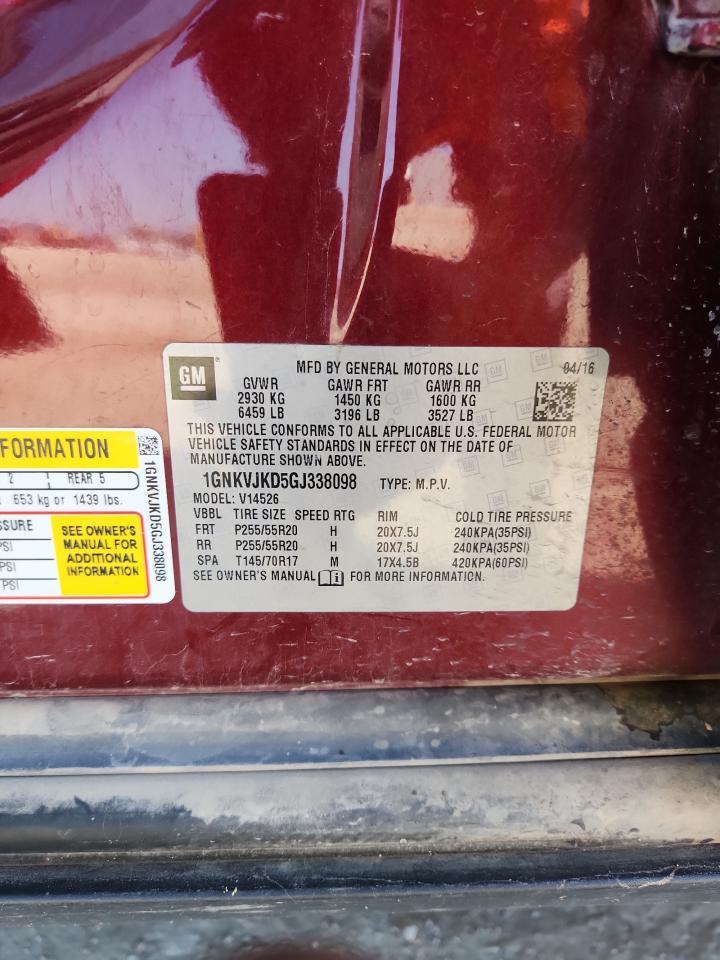 2016 Chevrolet Traverse Ltz VIN: 1GNKVJKD5GJ338098 Lot: 80654915