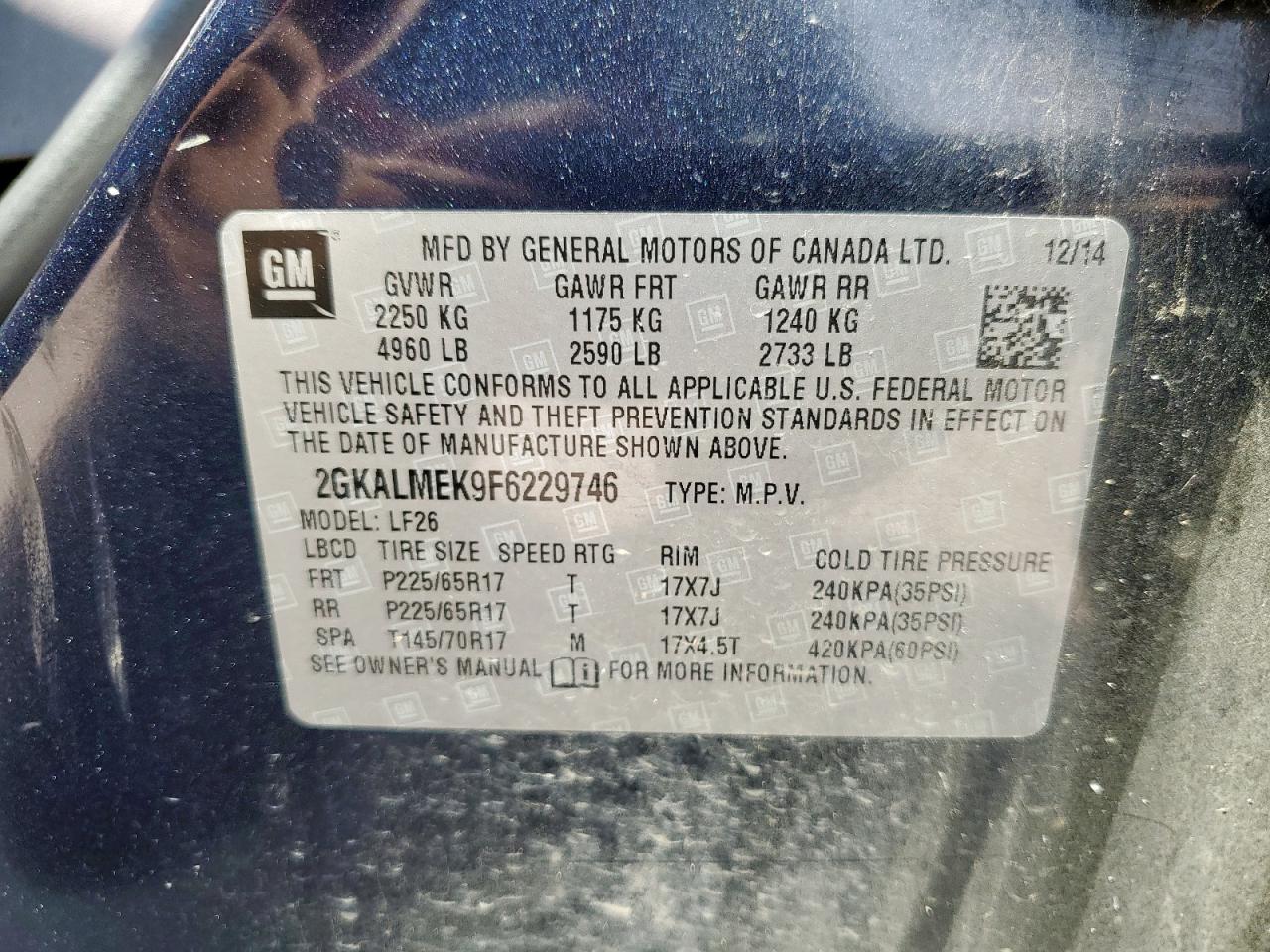 2015 GMC Terrain Sle VIN: 2GKALMEK9F6229746 Lot: 81295455