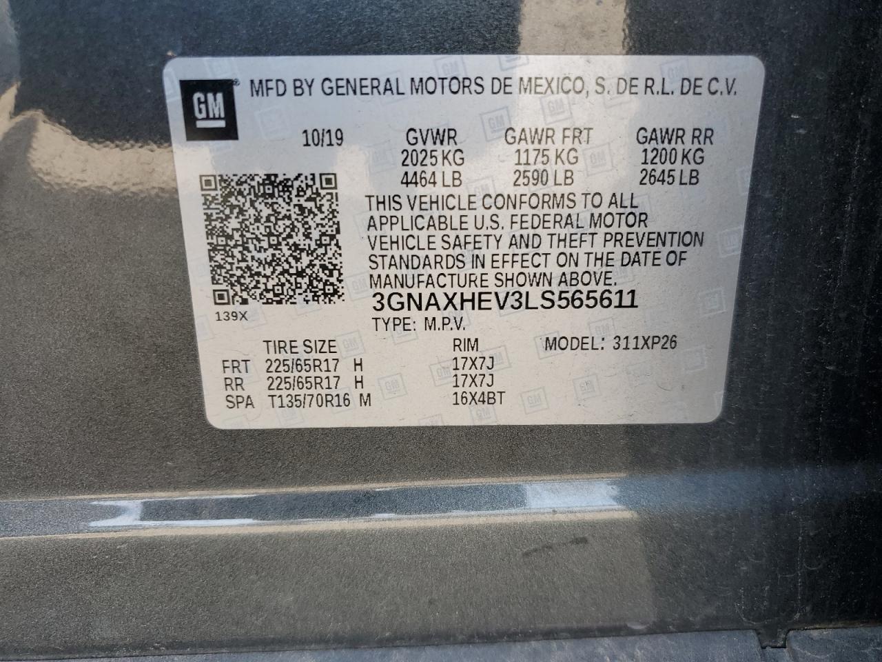 2020 Chevrolet Equinox Ls VIN: 3GNAXHEV3LS565611 Lot: 71737075