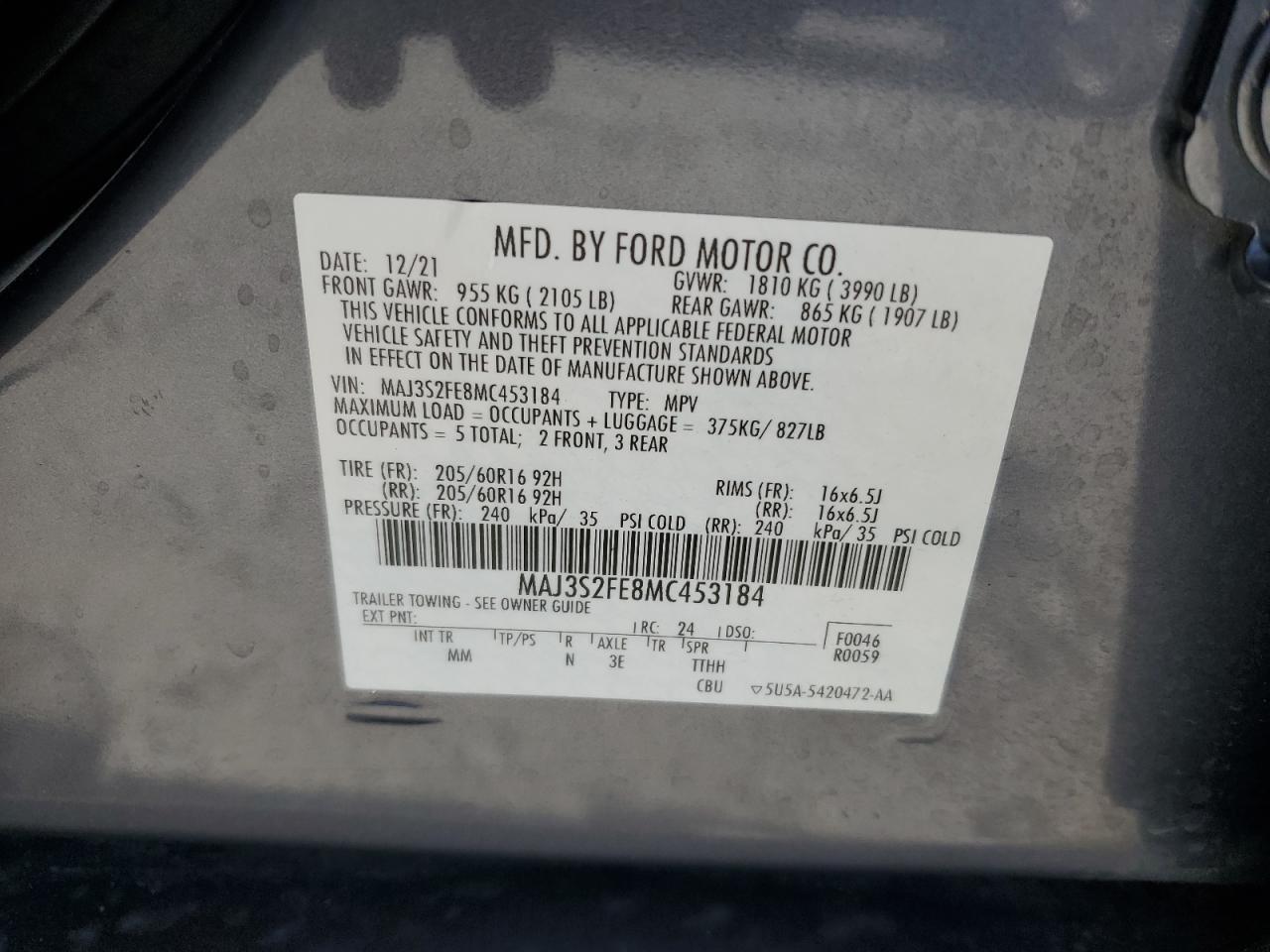 2021 Ford Ecosport S VIN: MAJ3S2FE8MC453184 Lot: 71512105