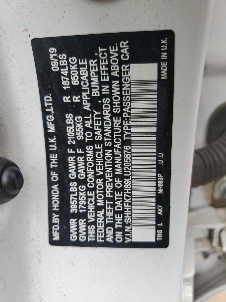 2020 Honda Civic Exl VIN: SHHFK7H89LU205876 Lot: 70963245