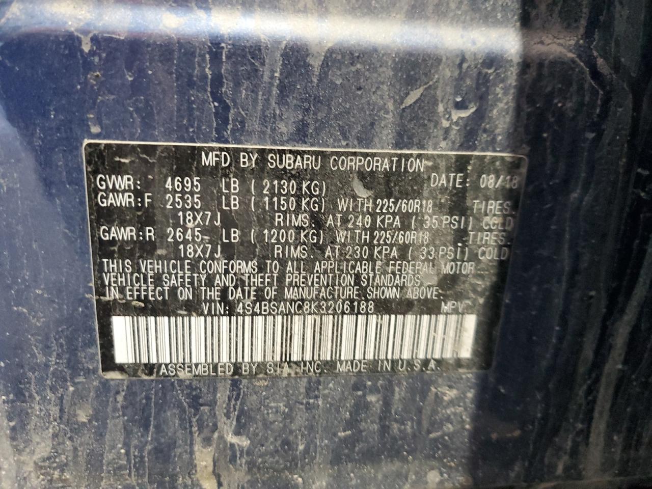 2019 Subaru Outback 2.5I Limited VIN: 4S4BSANC8K3206188 Lot: 83946485