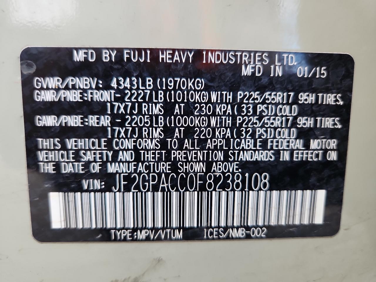 2015 Subaru Xv Crosstrek 2.0 Premium VIN: JF2GPACC0F8238108 Lot: 71454105