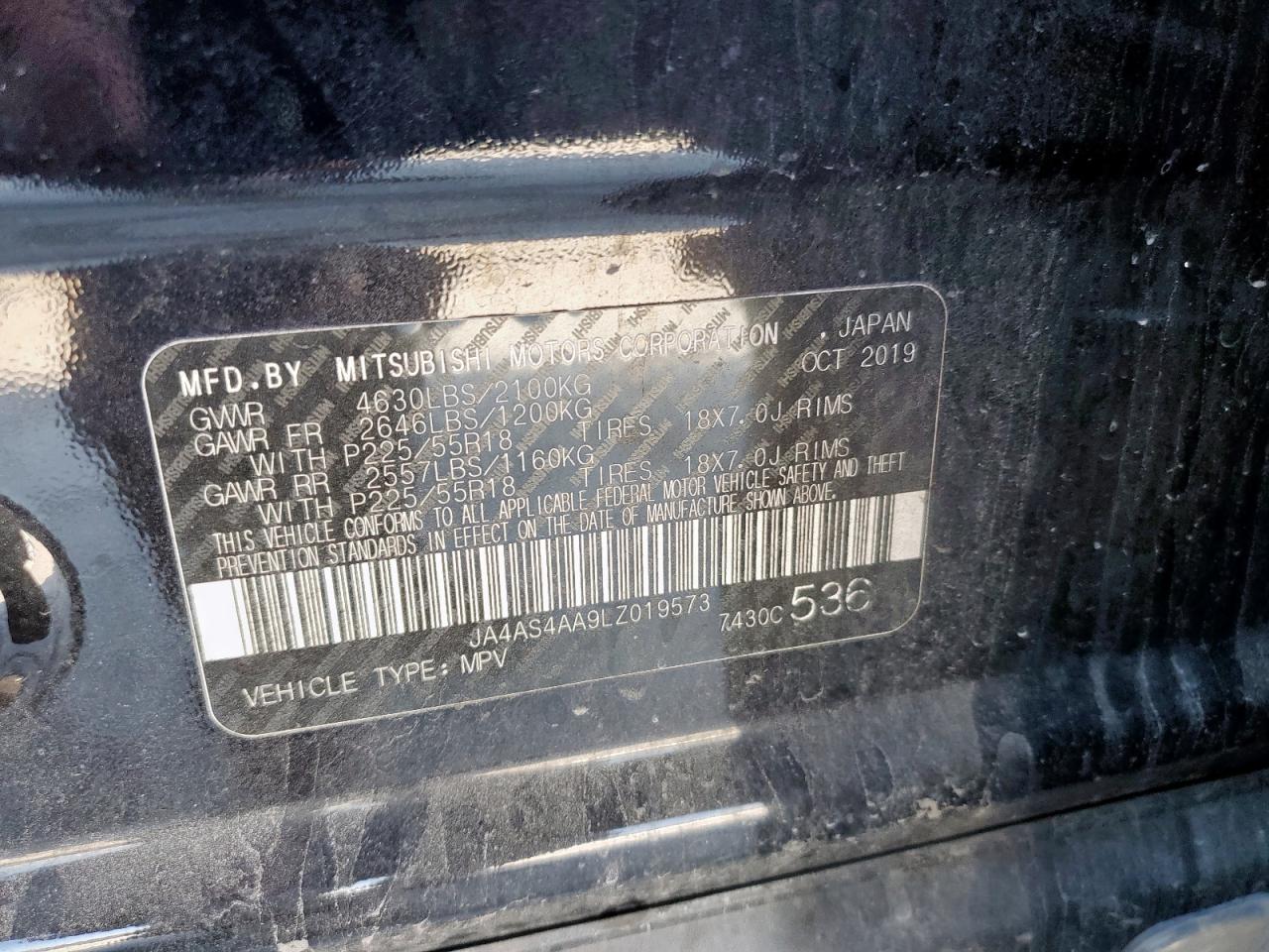 2020 Mitsubishi Eclipse Cross Le VIN: JA4AS4AA9LZ019573 Lot: 80127595