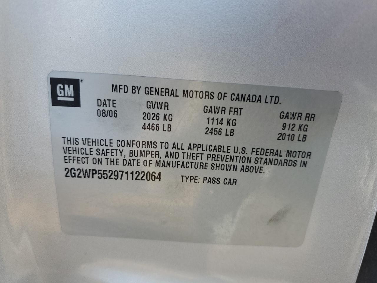 2007 Pontiac Grand Prix VIN: 2G2WP552971122064 Lot: 80092985