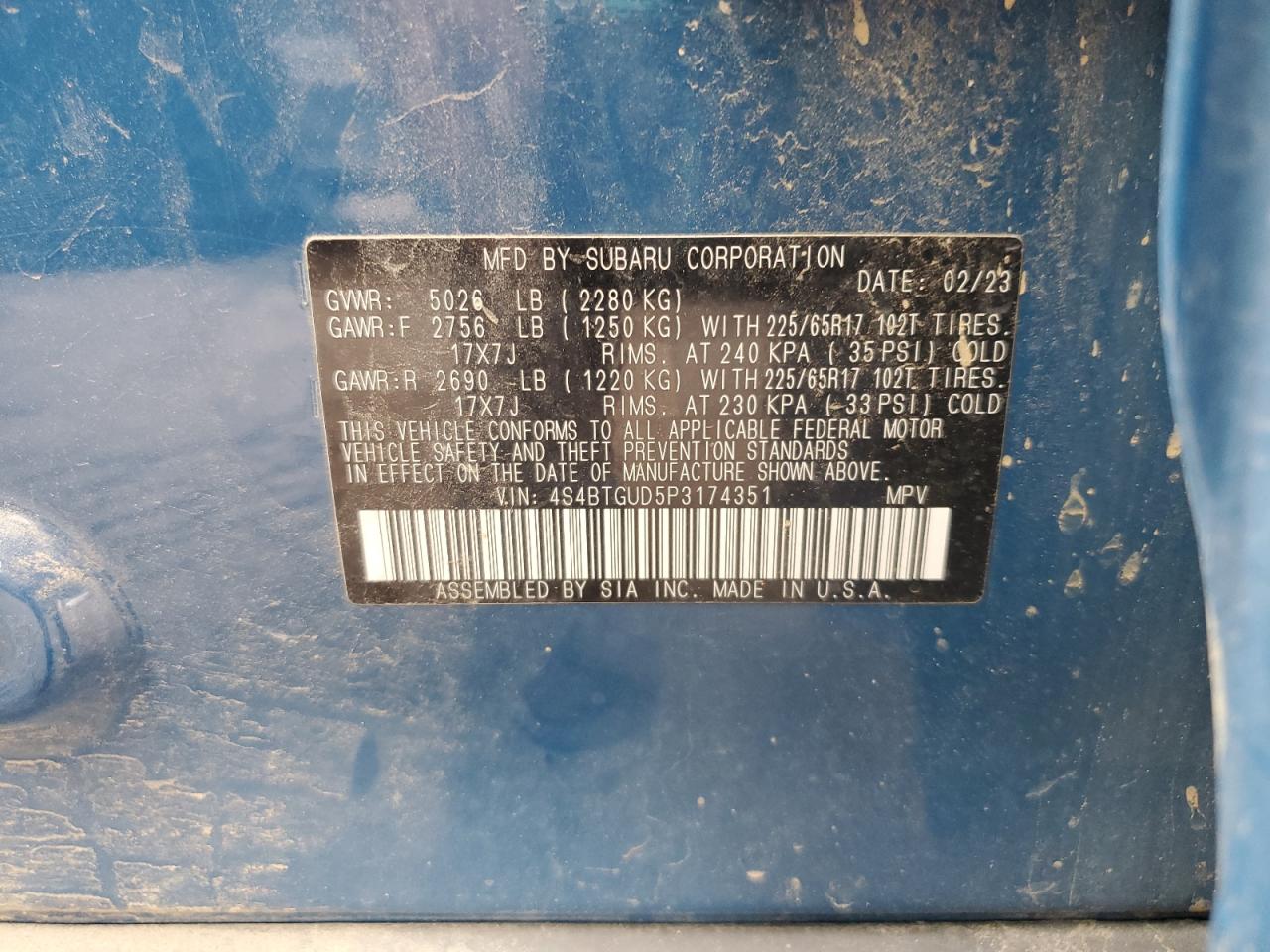 2023 Subaru Outback Wilderness VIN: 4S4BTGUD5P3174351 Lot: 80470775