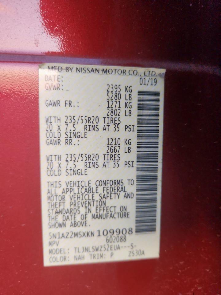 2019 Nissan Murano S VIN: 5N1AZ2MSXKN109908 Lot: 81509625