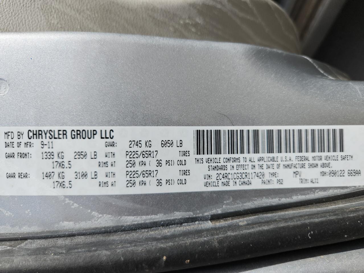 2012 Chrysler Town & Country Touring L VIN: 2C4RC1CG3CR117420 Lot: 81109825