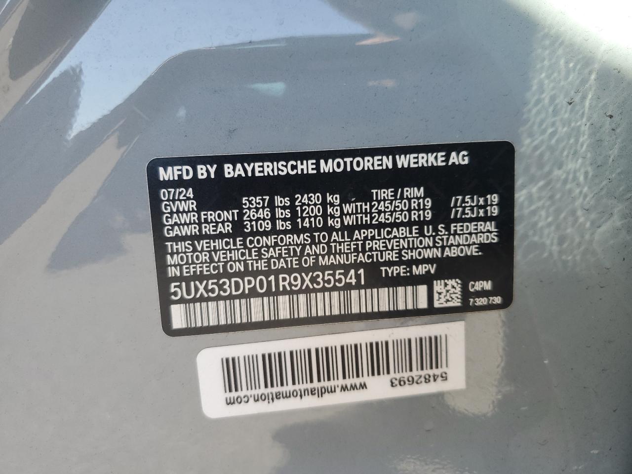 2024 BMW X3 xDrive30I VIN: 5UX53DP01R9X35541 Lot: 80182955